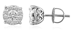 LADIES EARRINGS 1 CT ROUND DIAMOND 14K WHITE GOLD